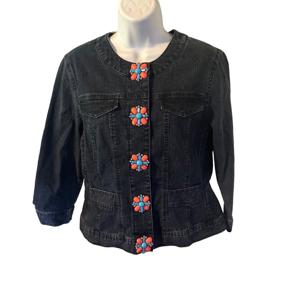 Ruby Rd. Denim Jacket With Floral Snaps Size 10 - image 1